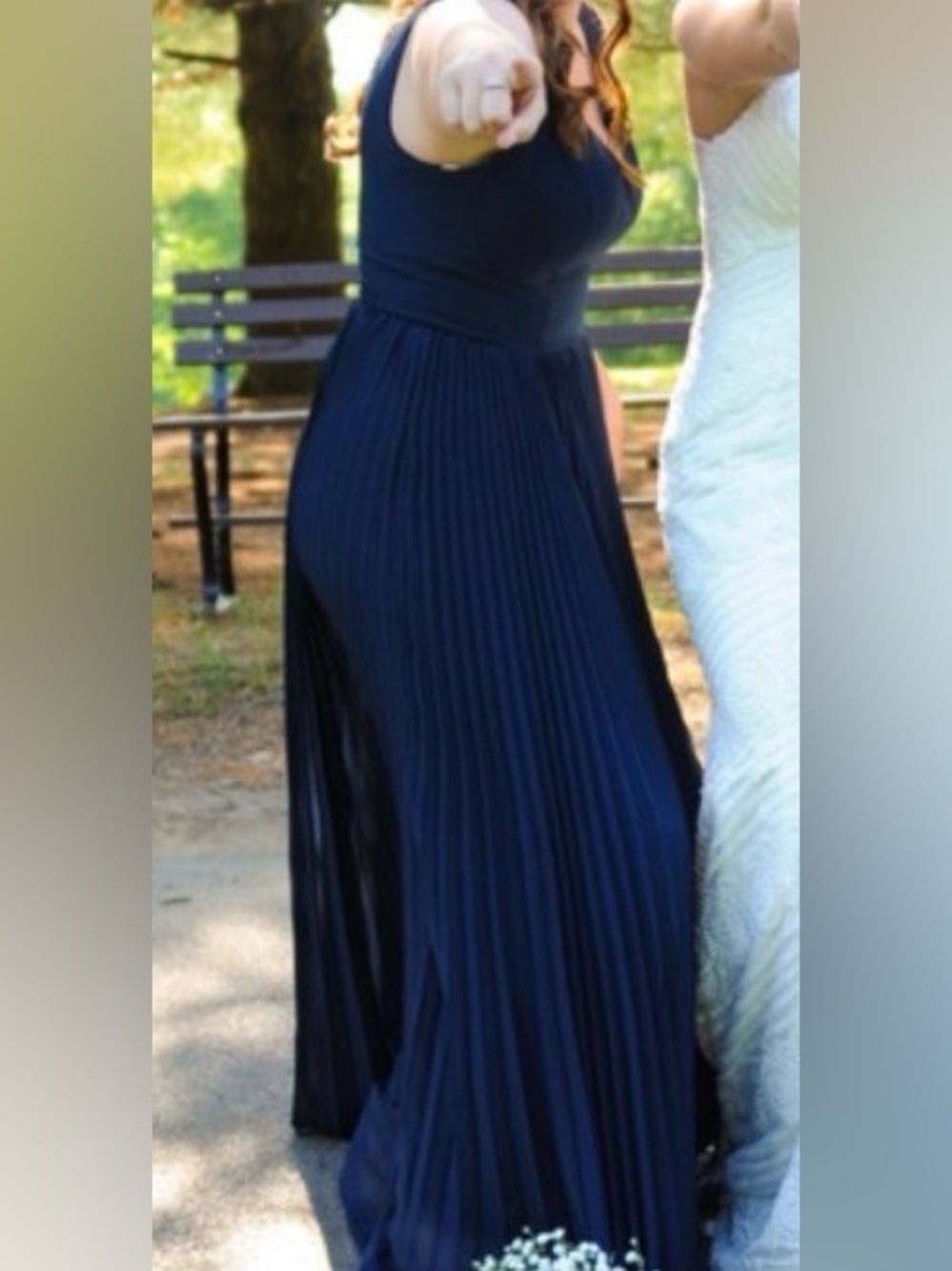 Navy Pleated Sleeveless Maxi Dress with V-Neck and Thigh Slit